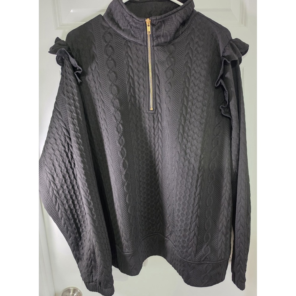 Umgee Black Textured Pullover Top Ruffle Sleeve Gold Zip Mock Neck Womens